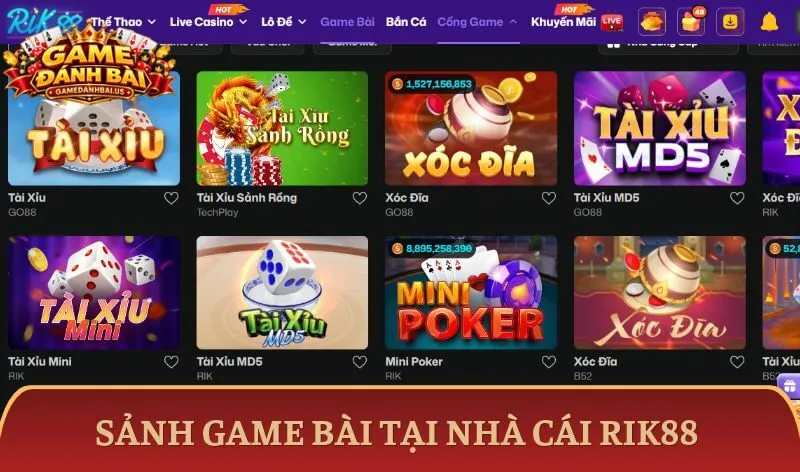 Sảnh game bài Rik88 đa thể loại